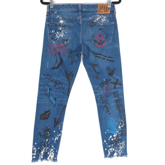 ZARA WOMAN DENIM PREMIUM COLLECTION Graffiti Size 2 RARE Blue Jeans 9863/265 - Picture 2 of 12